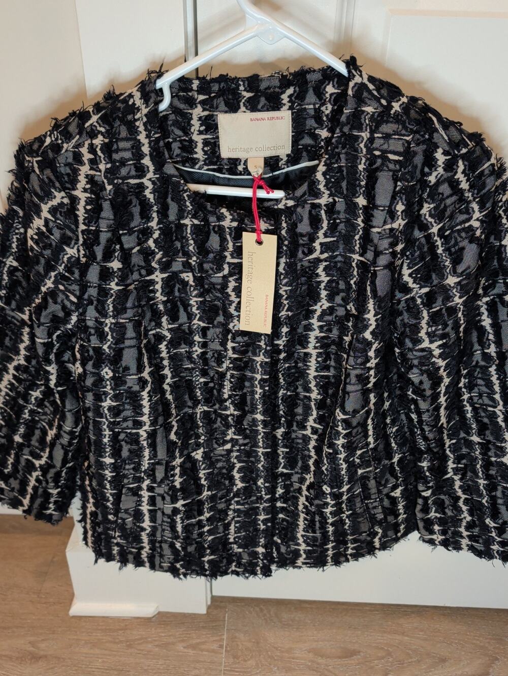 Banana Republic Heritage Tweed Jacket Blazer Black White Fringe Crop NWT Small